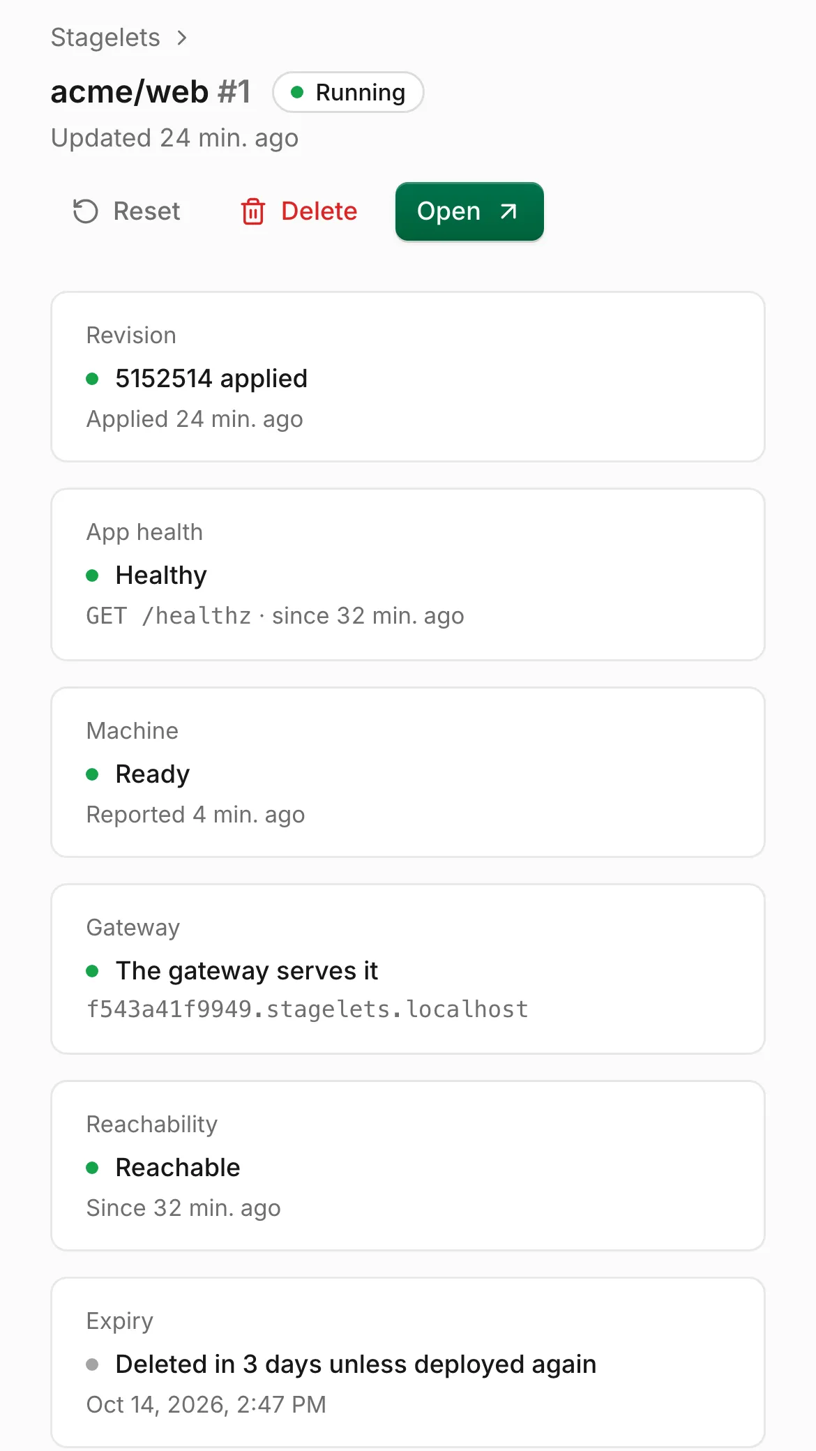 The Stagely console page for stagelet acme/web #1 on a phone. It is Running, with Reset, Delete and Open buttons, and six stacked cards: revision applied, app healthy, machine ready, the gateway serves it, reachable, and deleted in 3 days unless deployed again.